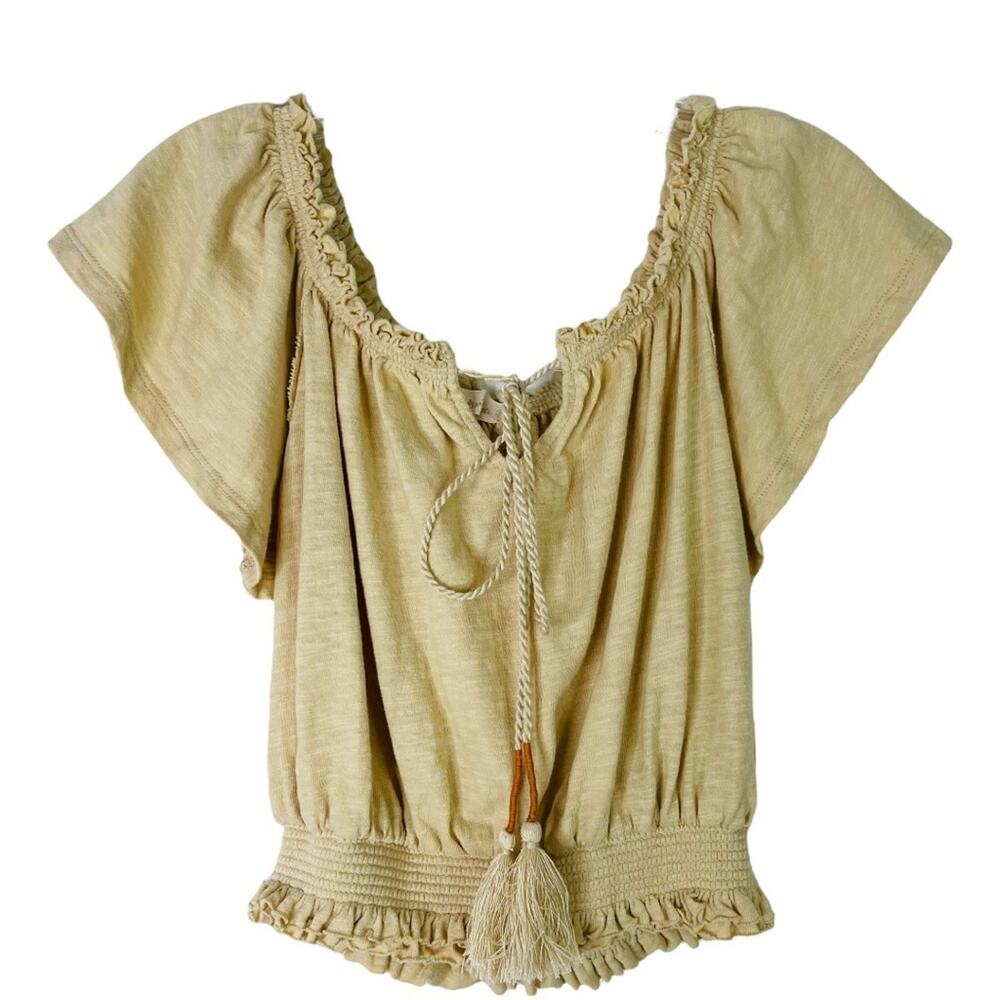 Altar’d State cream tan boho cropped ruffle tassel cottagecore top small